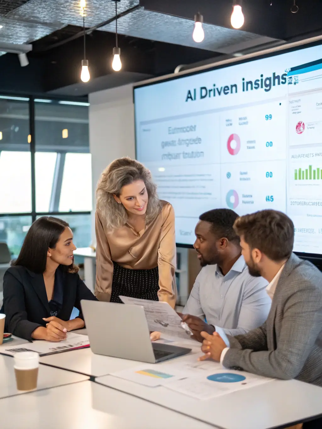 An image of a diverse group of people brainstorming around a table, with AI-generated content suggestions displayed on a large screen in the background.