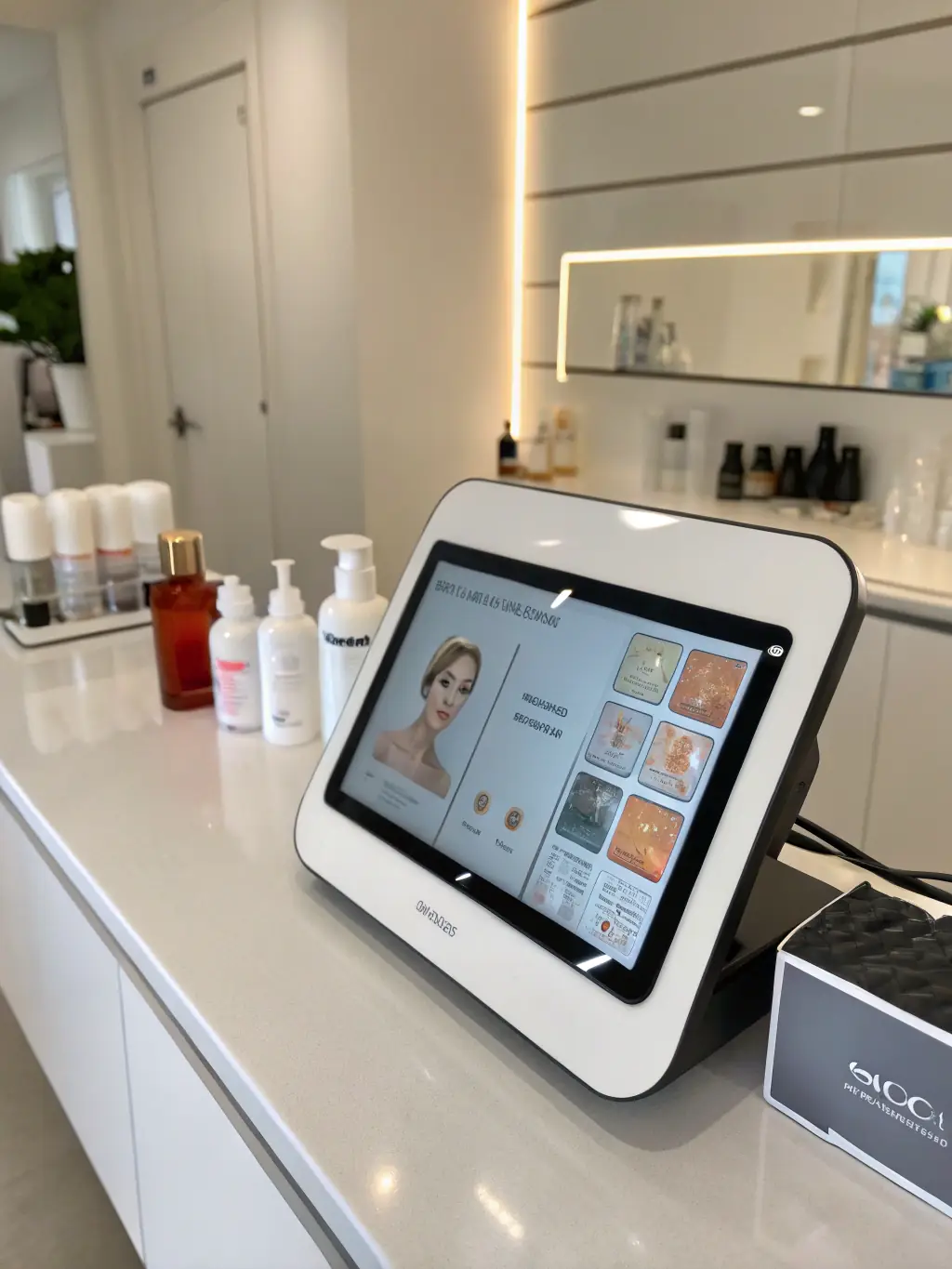 A skincare clinic using AI-driven facial analysis to provide personalized skincare product recommendations to a client.