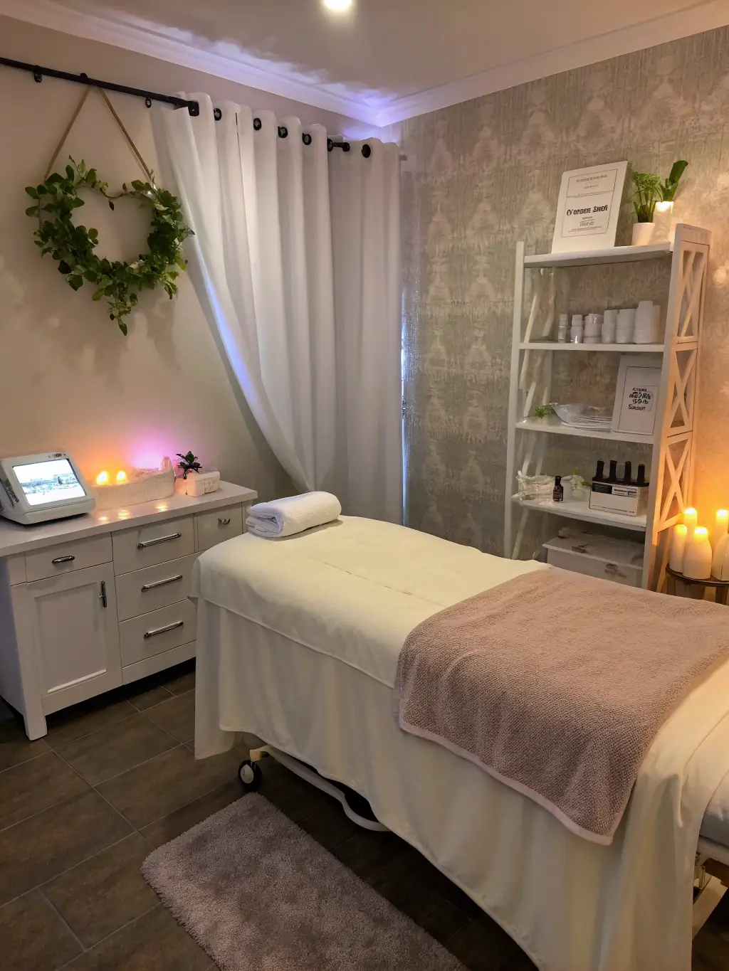 A serene spa interior with soft lighting, showcasing AI-powered personalized treatment recommendations on a tablet.