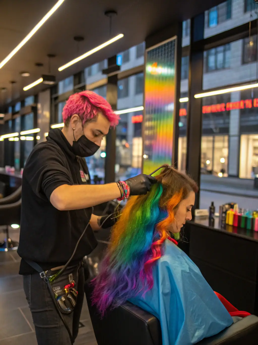 A vibrant hair salon with stylists using AI-driven color analysis tools to suggest perfect hair colors for clients.