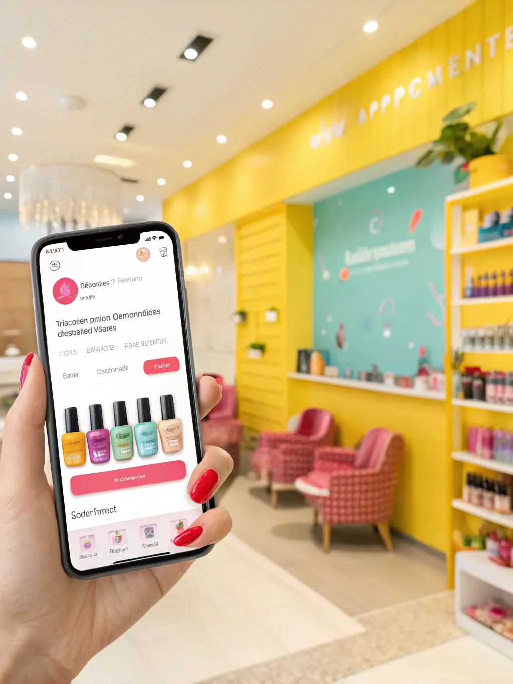 A nail salon featuring an AI-powered app that allows clients to virtually try on different nail polish colors and designs.